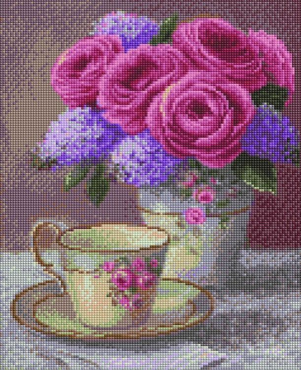 Алмазная вышивка «Чашка чая и цветы»