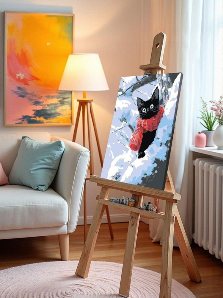 Картина по номерам Черный котик зимой среди снега — картинка 9