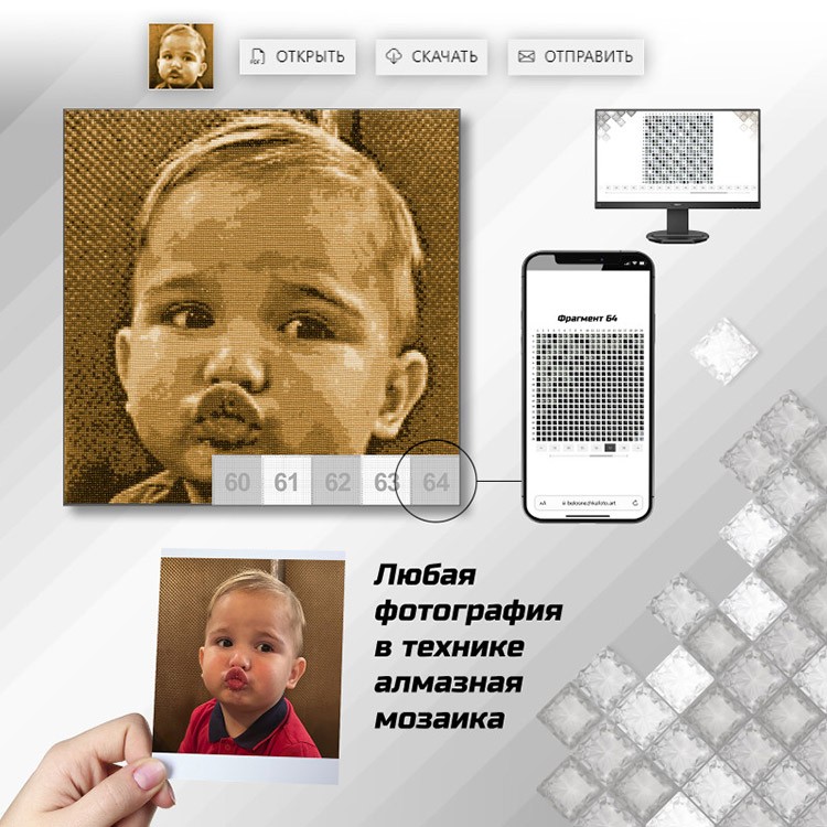 ФотоМозаика. Алмазная мозаика по фото (цвет страз сепия), 30x30 см, Белоснежка — картинка 3