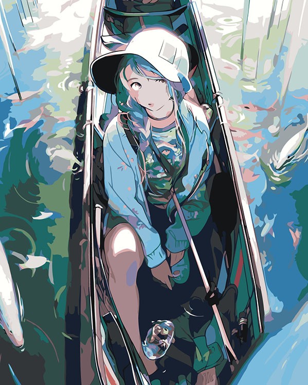 Картина по номерам «Аниме: Модная девушка плывет в лодке по озеру»