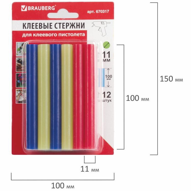 Клеевые стержни, диаметр 11 мм, длина 100 мм, цветные (ассорти), комплект 12 шт., 6 цв., Brauberg — картинка 3