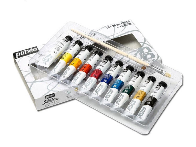 Краски Pebeo акриловые 10 цветов набор Studio Acrylics с кистью 20 мл — картинка 2
