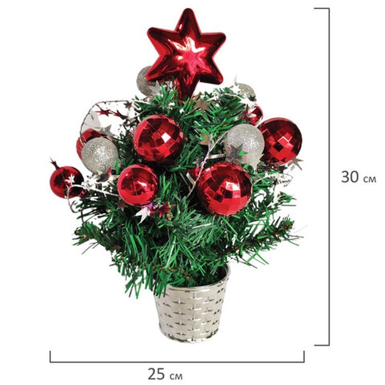 Ель искусственная новогодняя декоративная 30 см, цвет украшений: красный, серебристый — картинка 3