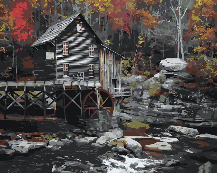 Картина по номерам «Природа: Пейзаж с мельницей у ручья в осеннем лесу»