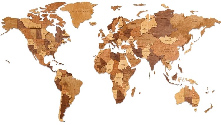 EWA Деревянная «Карта Мира» настенная, объемная 3 уровня, размер L (192x105 см), цвет: шоколад