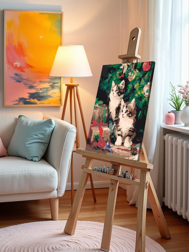 Картина по номерам Новогодняя елка и котята с подарками — картинка 9