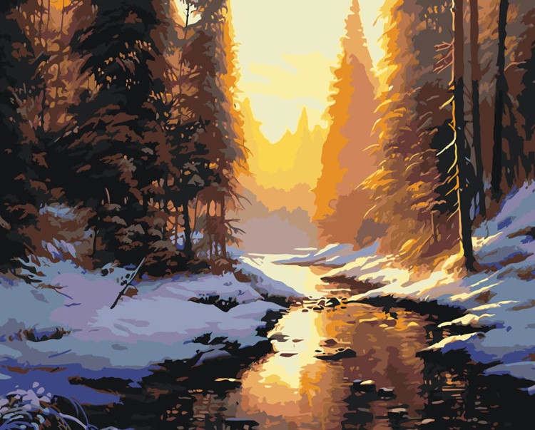 Картина по номерам «Природа: Пейзаж с ручьем в зимнем лесу 2»