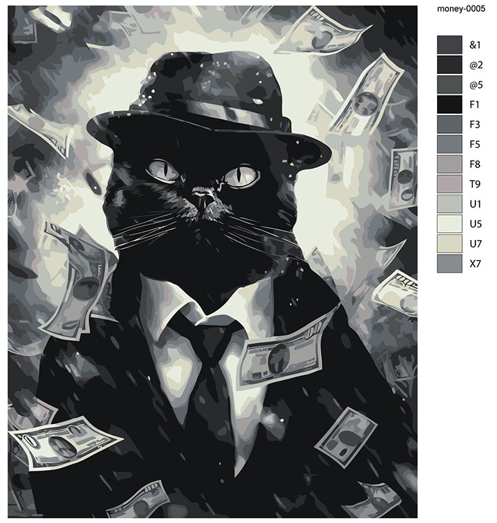 Картина по номерам «Черный кот-гангстер с деньгами» — картинка 2