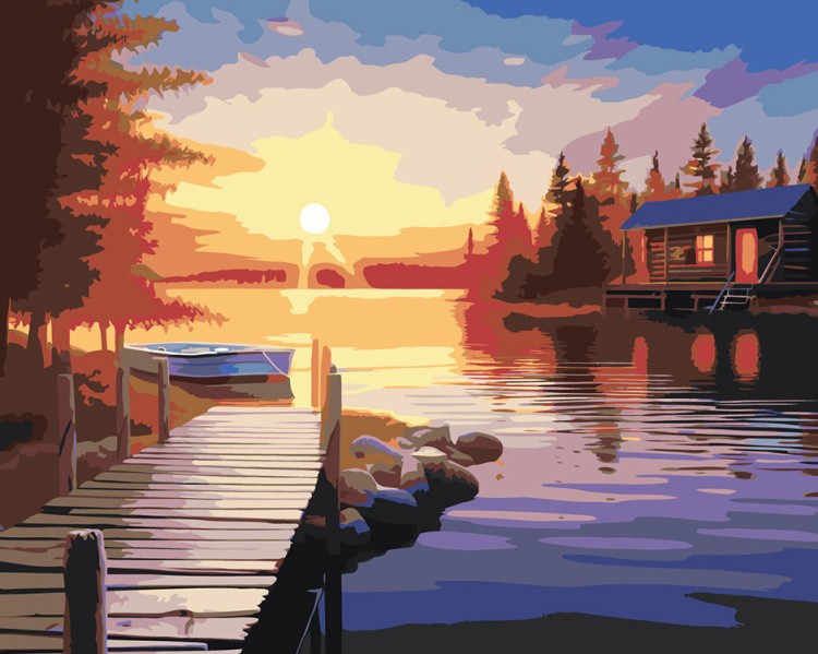 Картина по номерам «Природа: Пейзаж с домиком и причалом на берегу озера»