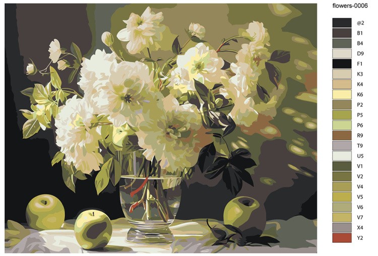 Картина по номерам «Цветы: Букет из белых георгин и яблоки» — картинка 2