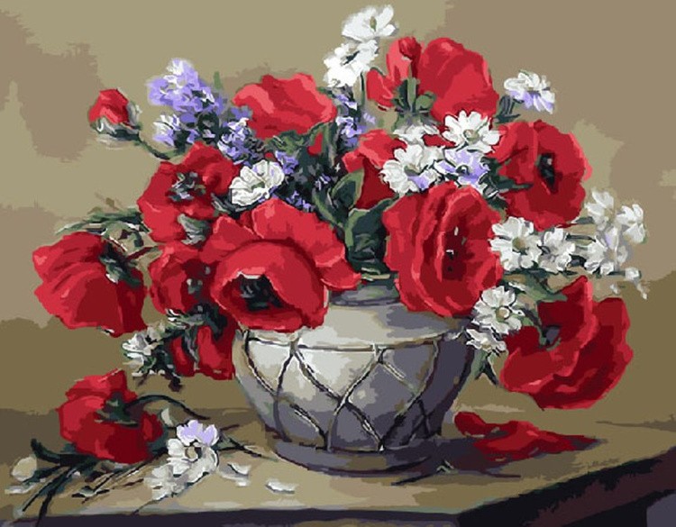 Картина по номерам «Маки и ромашки в вазе»