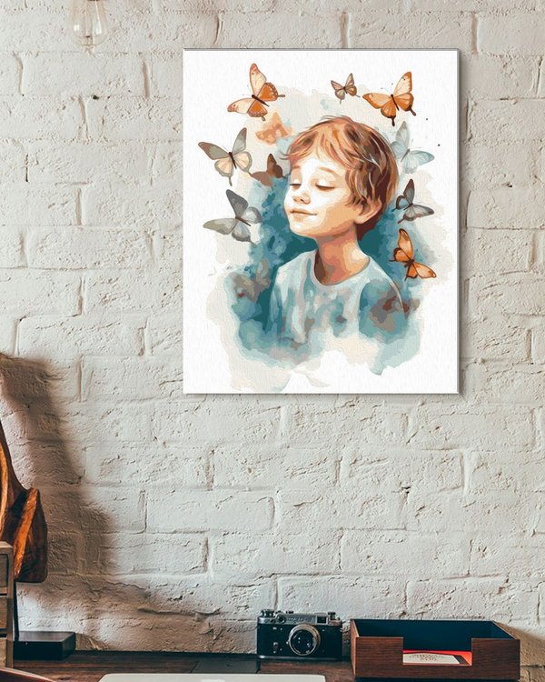 Картина по номерам «Детство. Акварельный рисунок мальчик с бабочками» — картинка 3