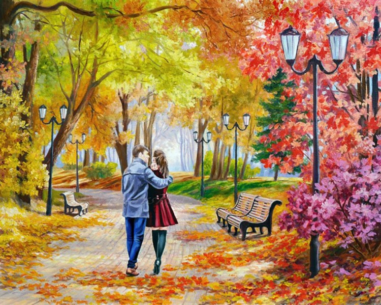 Алмазная вышивка «Осенний парк, скамейка, двое» — картинка 2