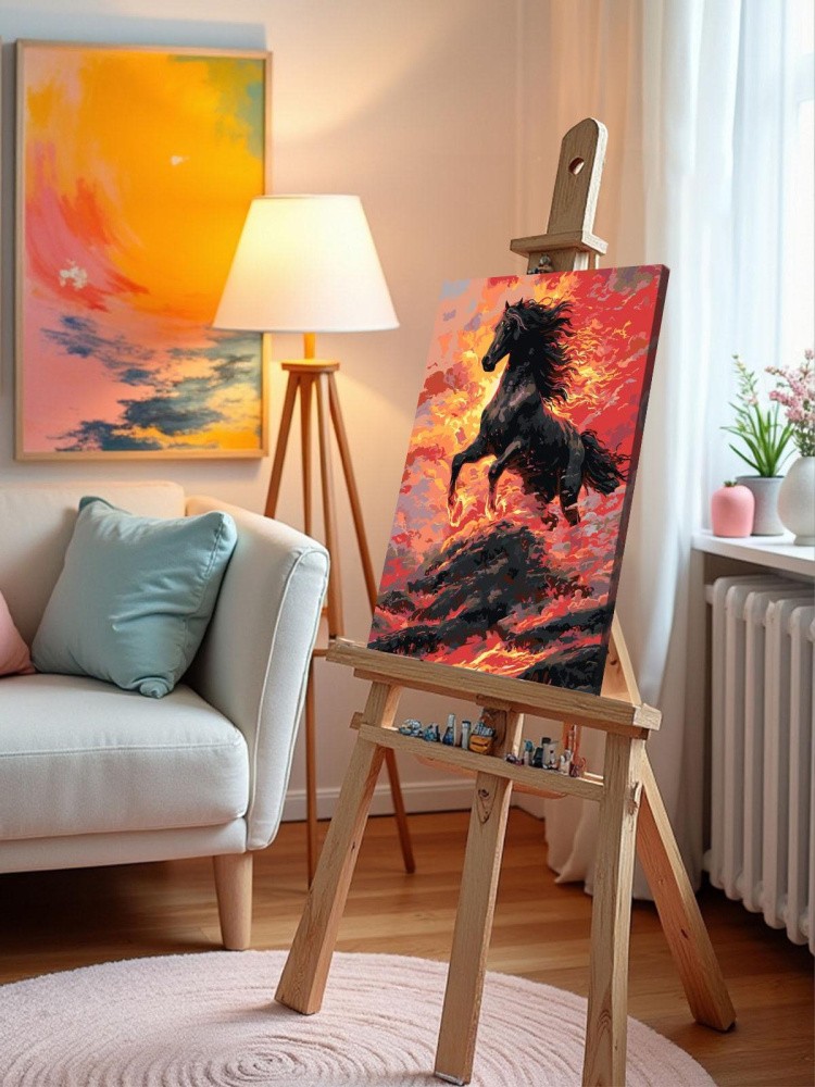 Картина по номерам Черная огненная лошадь Символ года — картинка 9