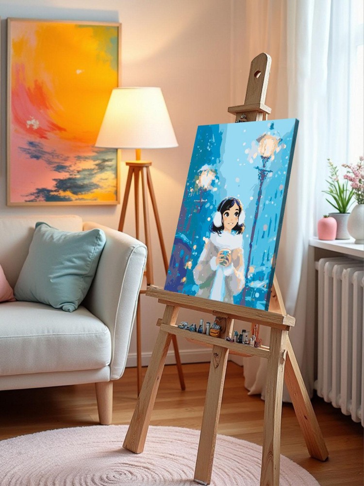 Картина по номерам Девушка с кофе в зимнем городе — картинка 9