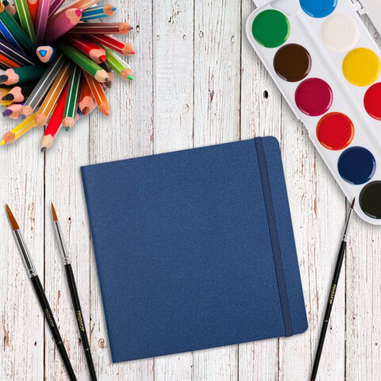 Скетчбук для акварели, 200 г/м2, 195х195 мм, среднее зерно, 20 л., сшивка, резинка, синий, BRAUBERG ART — картинка 9