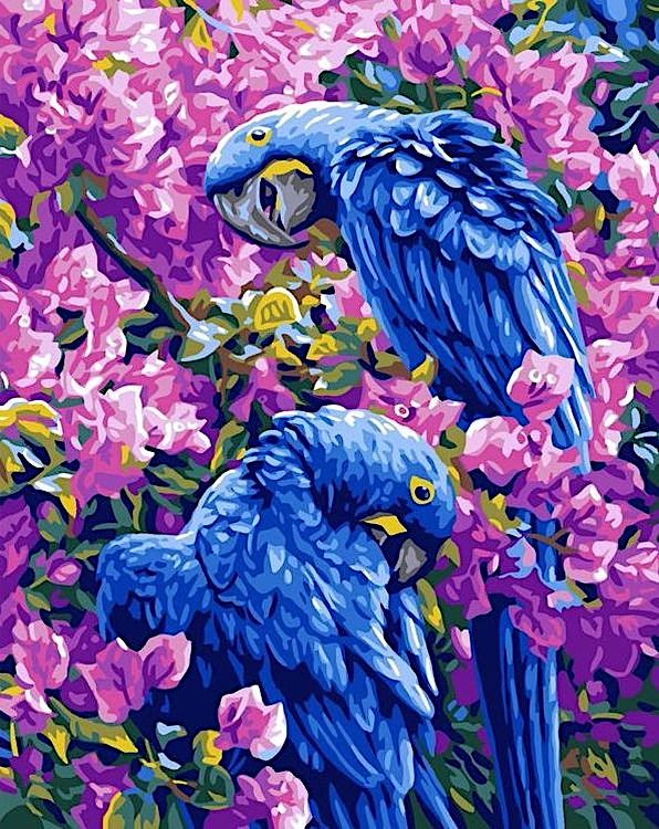 Рисунок на ткани «Голубые попугаи»