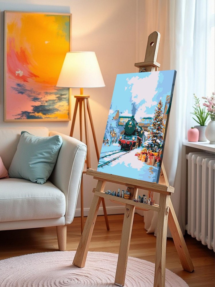 Картина по номерам Новогодняя елка и ретро поезд — картинка 9