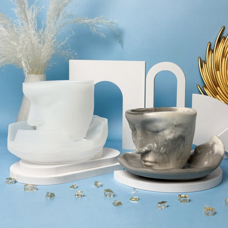 Силиконовый молд - Контейнер для свечей лицо с блюдцем, 10x8см, 2 молда — картинка 2