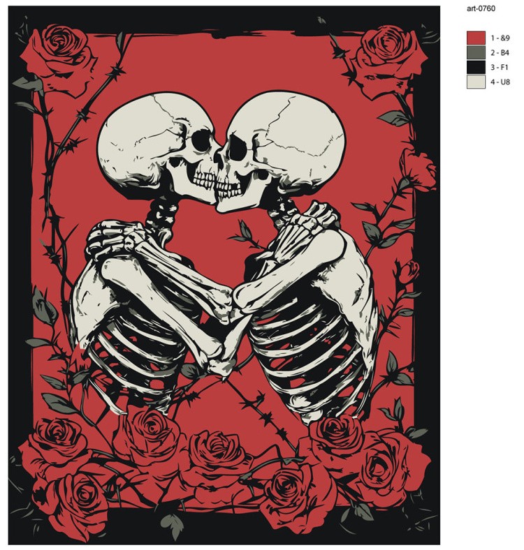 Картина по номерам Влюбленные скелеты и красные розы арт — картинка 2