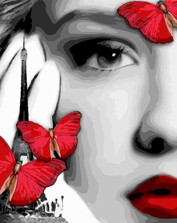Картина по номерам «Девушка и красные бабочки»