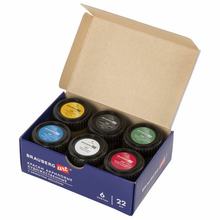Краски акриловые художественные базовый металлик BRAUBERG ART CLASSIC, набор 6 шт по 22 мл — картинка 2