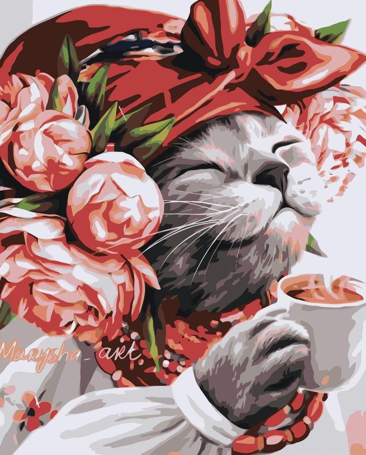 Картина по номерам «Котик с чашкой»