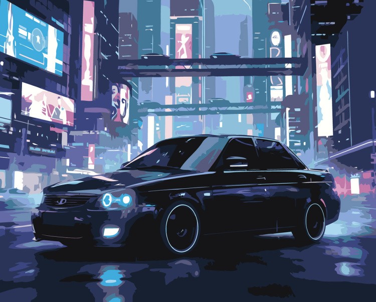 Картина по номерам Машина лада приора черная в городе