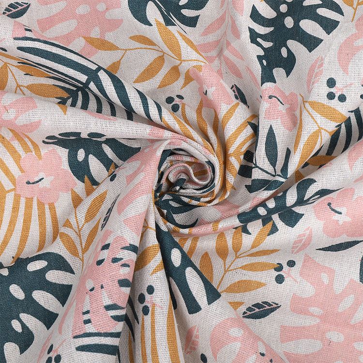 Ткань Лен, 140 г/м², 5 м x 150 см, цвет: розовый, растительный принт, TBY — картинка 3