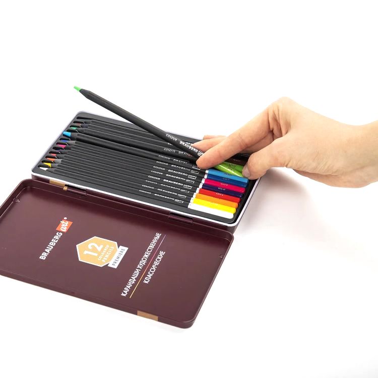 Карандаши художественные цветные BRAUBERG ART PREMIERE, 12 цв., мягкий грифель 4 мм, металл — картинка 8