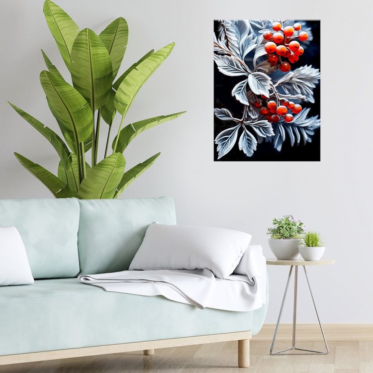 Картина по номерам с поталью платина на черном холсте «Алые гроздья рябины» — картинка 6