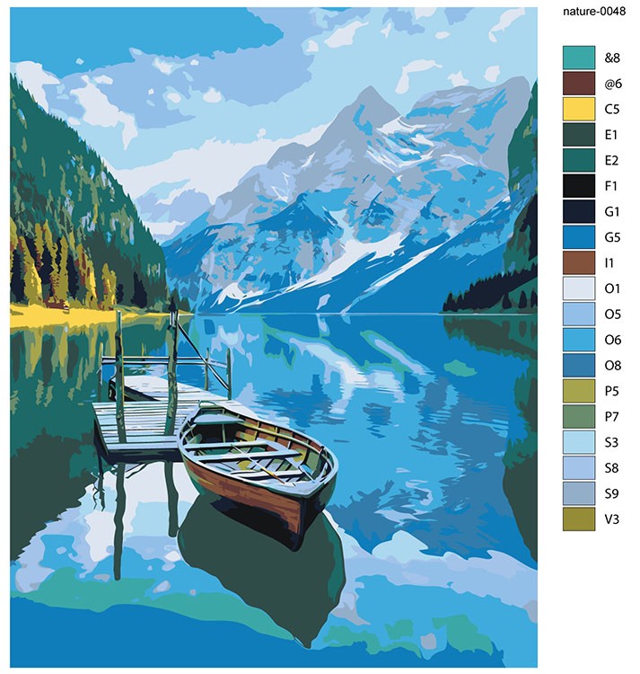 Картина по номерам «Природа: Пейзаж с лодкой на горном озере» — картинка 2