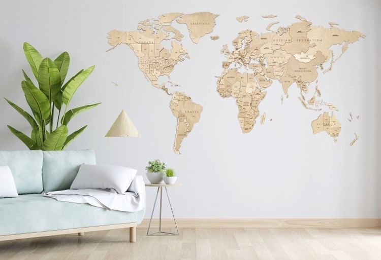 EWA Деревянная «Карта Мира» настенная, объемная 3 уровня, размер L (192x105 см), цвет: натуральный — картинка 2