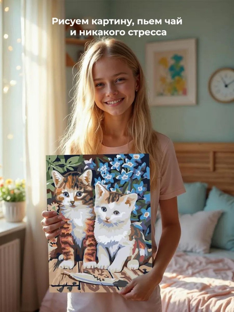 Картина по номерам «Котята с пёрышком» — картинка 7