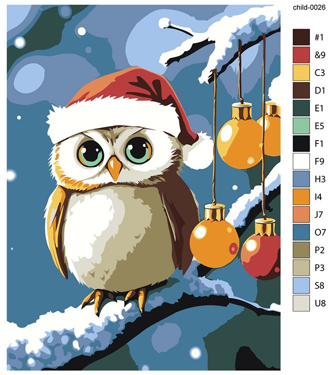 Картина по номерам «Детская: сова на ветке, новогодняя» — картинка 2