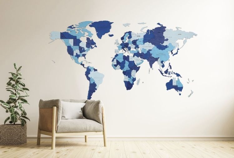EWA Деревянная «Карта Мира» настенная, объемная 3 уровня, размер L (192x105 см), цвет: синий — картинка 2