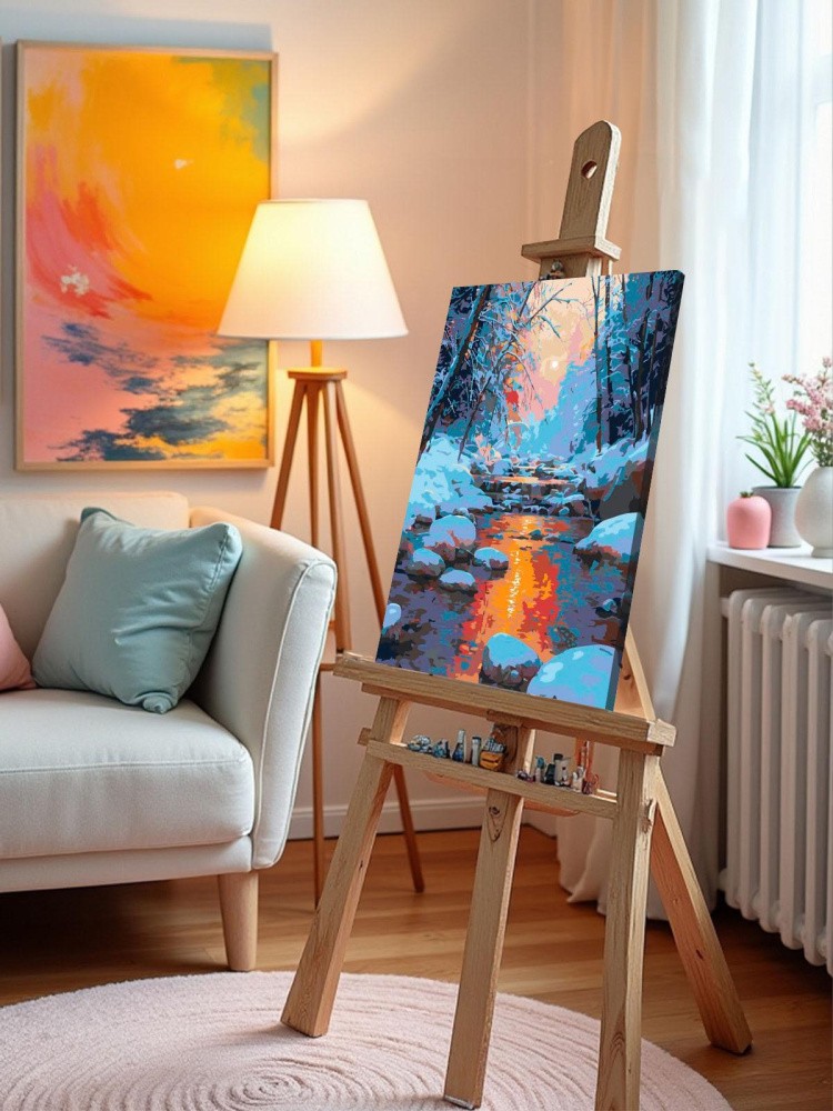 Картина по номерам Пейзаж с ручьем на закате в зимнем лесу — картинка 9